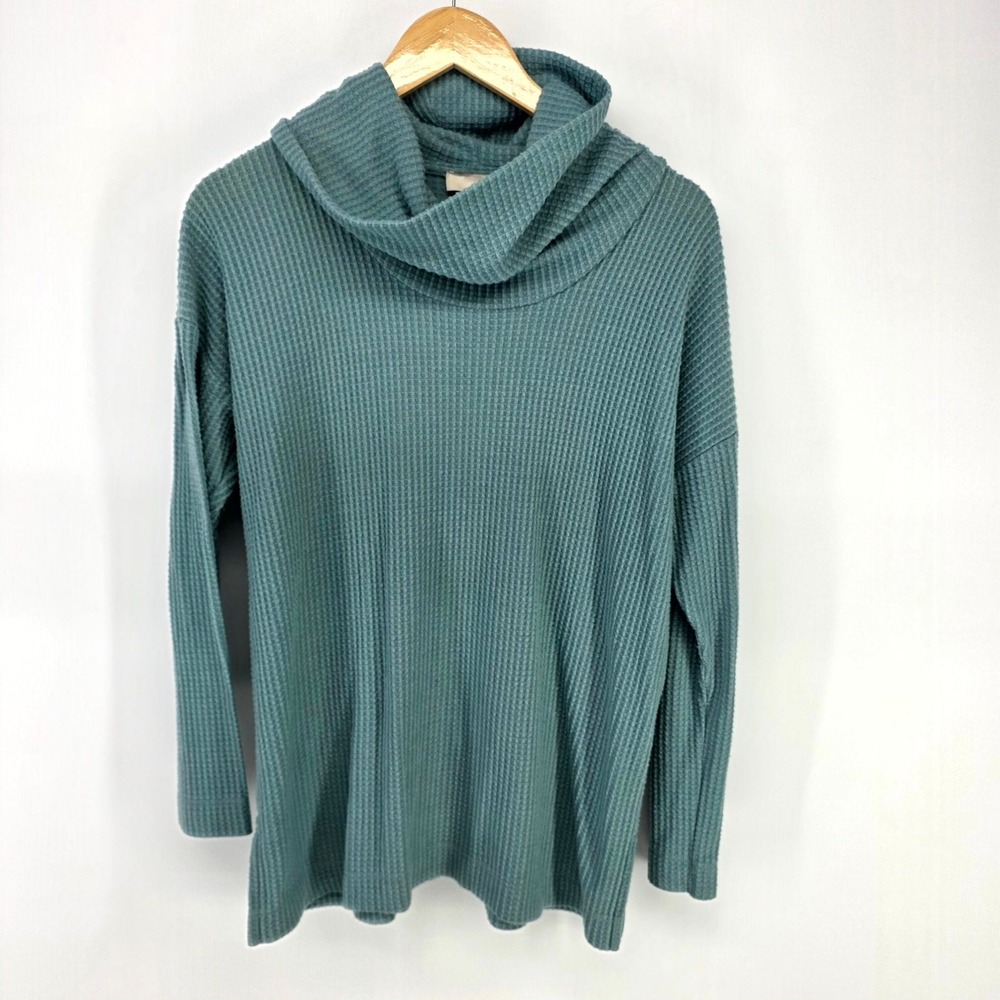 LOFT Waffle Knit Sweater Women Medium Teal‎ Blue Cowl Neck Thermal Pullover Top